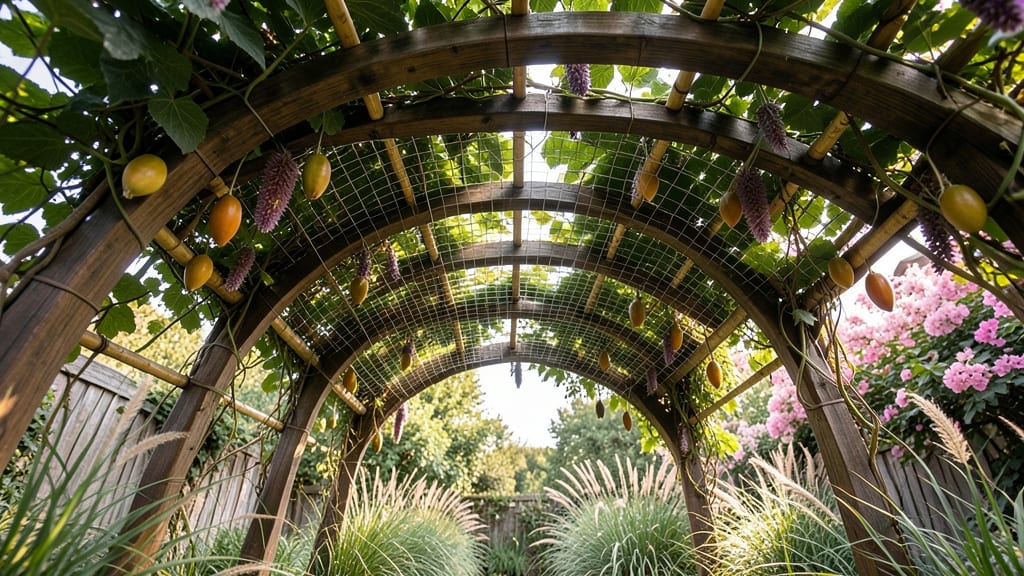 Passion Fruit Arbors with Fruit Harvesting Nets
