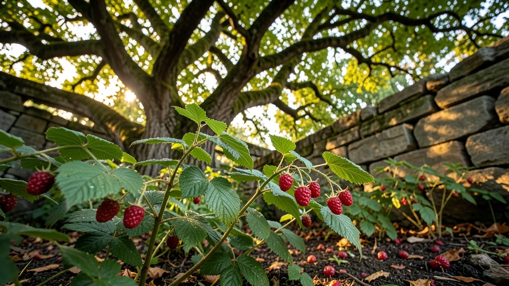 Raspberry Canes Thriving in Partial Shade