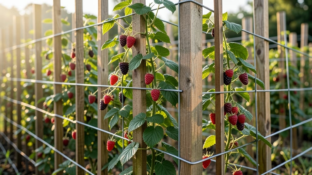 Raspberry Canes in Trellis System