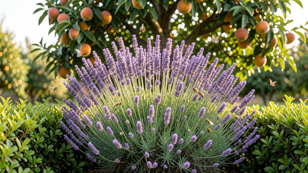 Lavender Bushes Near Fruit Trees