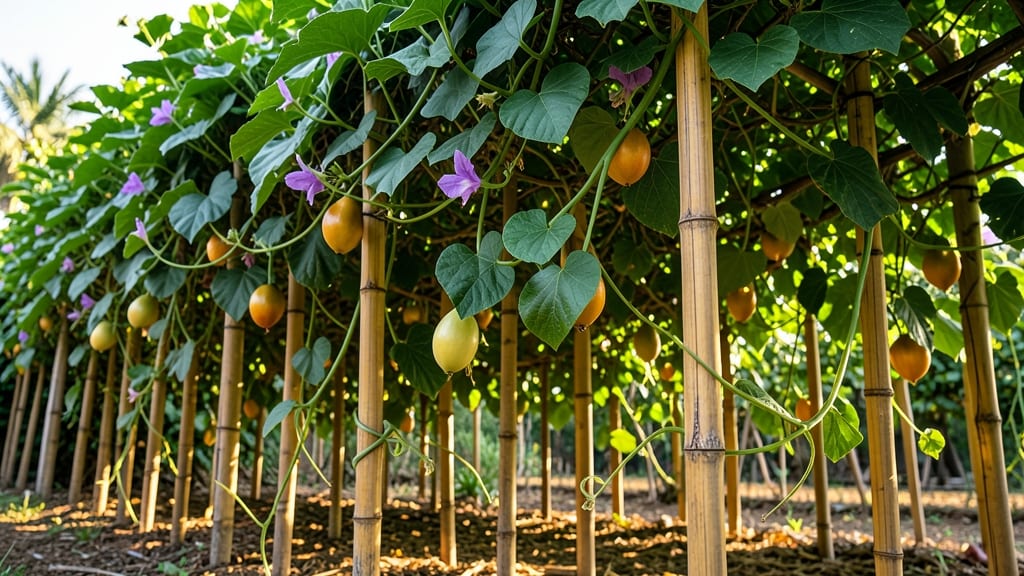 Living Passion Fruit Hedge with Bamboo Supports