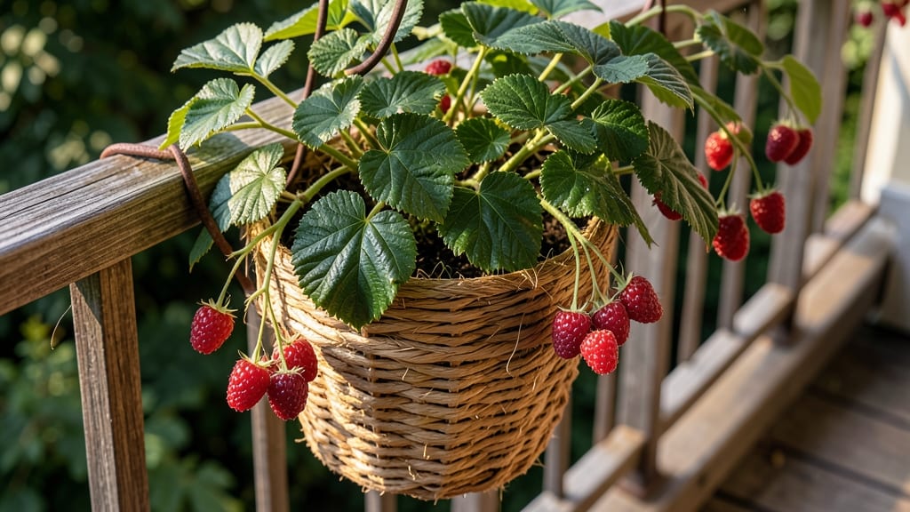 Raspberry Bushes in Hanging Baskets