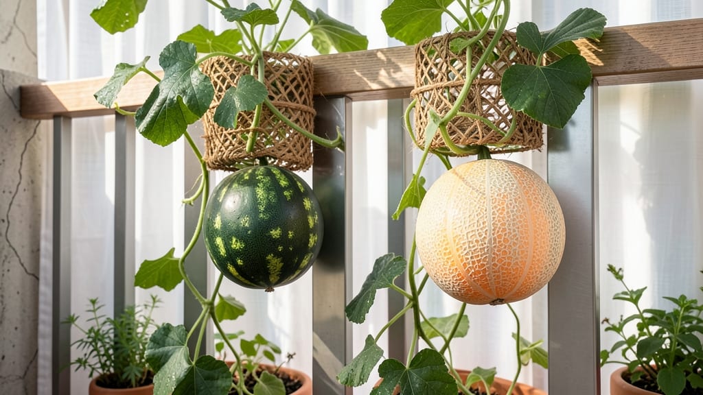 Melons Growing On Small Trellises